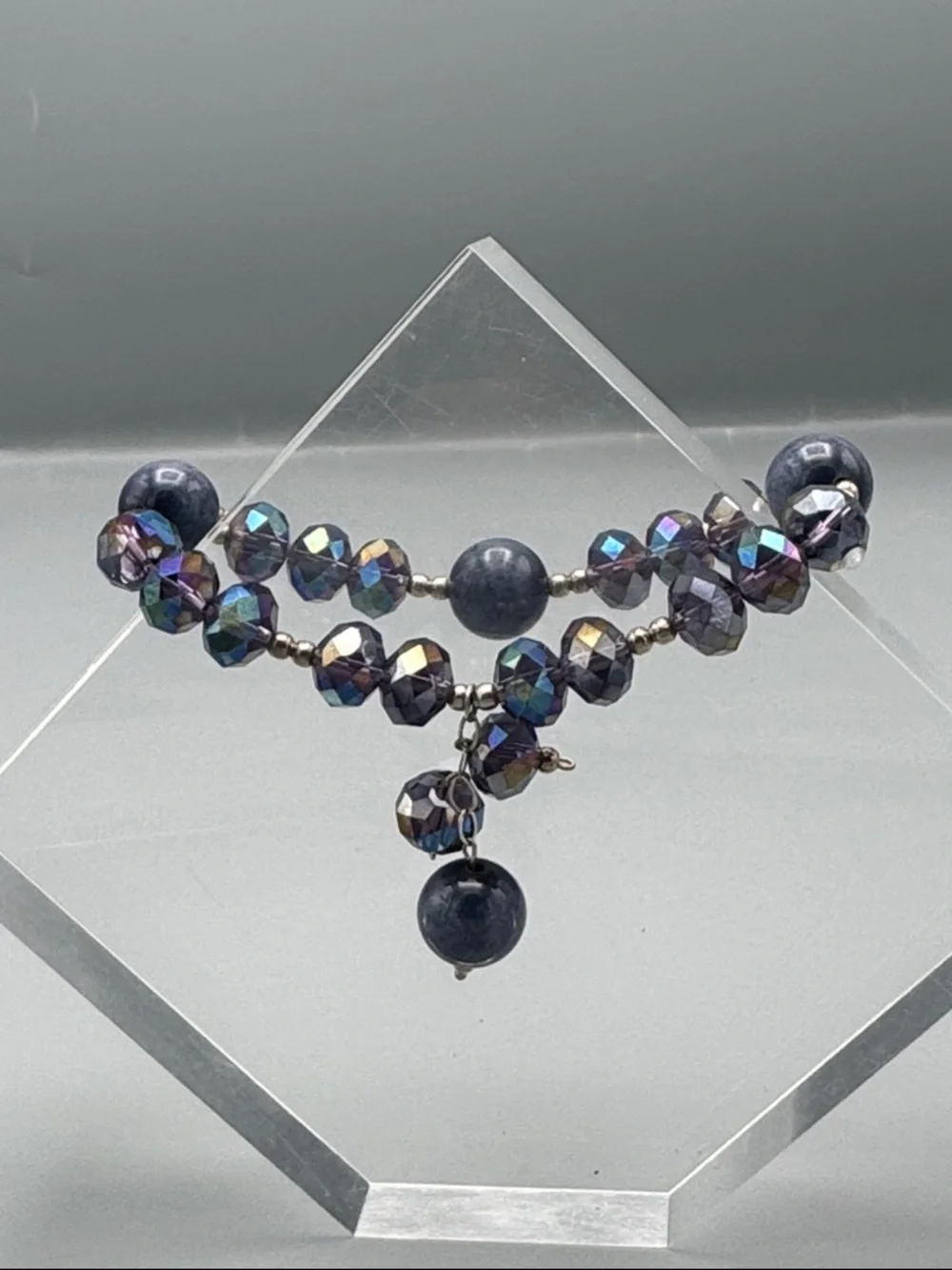 Iridescent Blue glass & stone Beaded Dangle Bracelet
